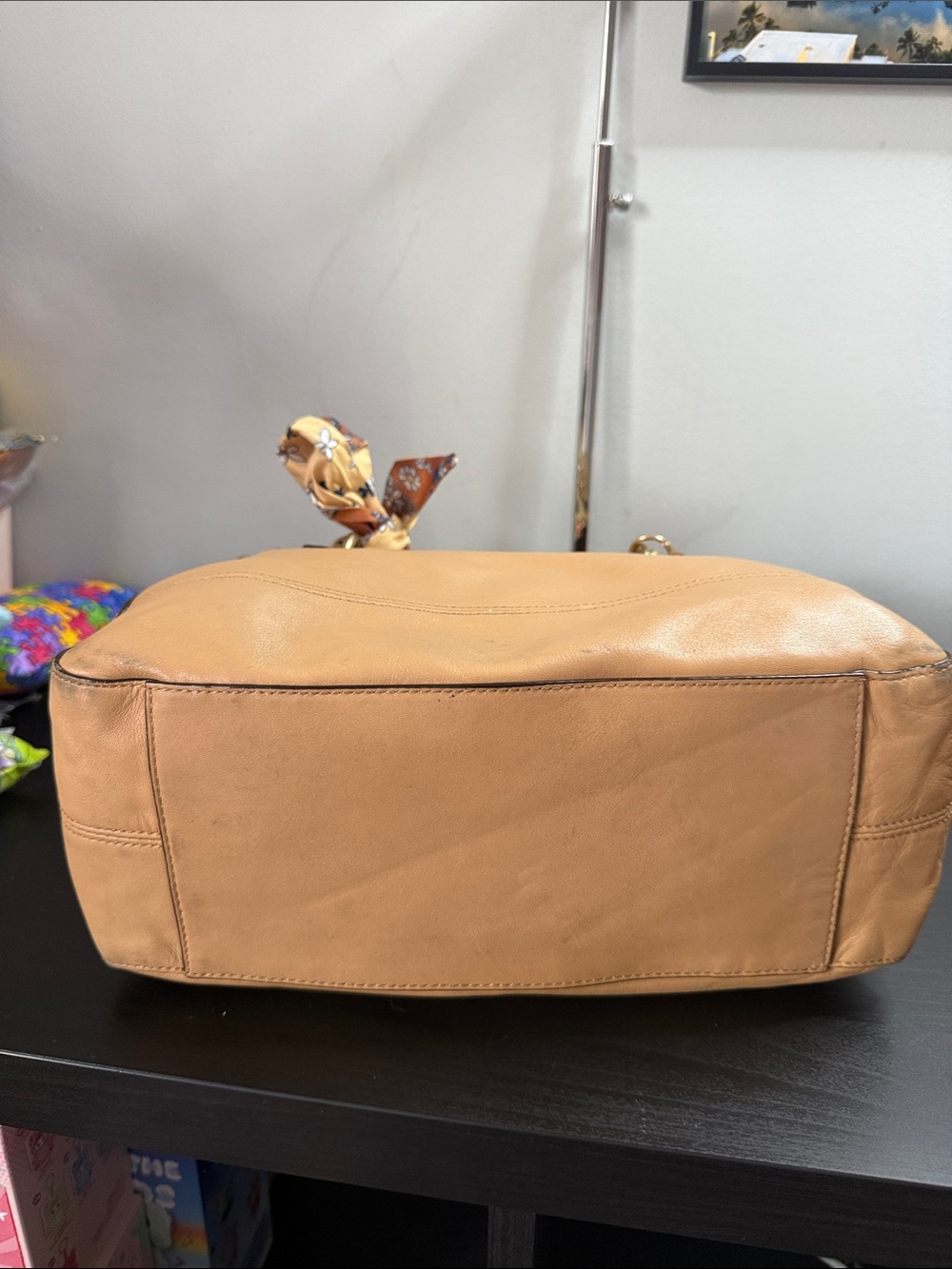 Coach Tan Leather Shoulder Bag with Floral Scarf Accent - Picture 10 of 16